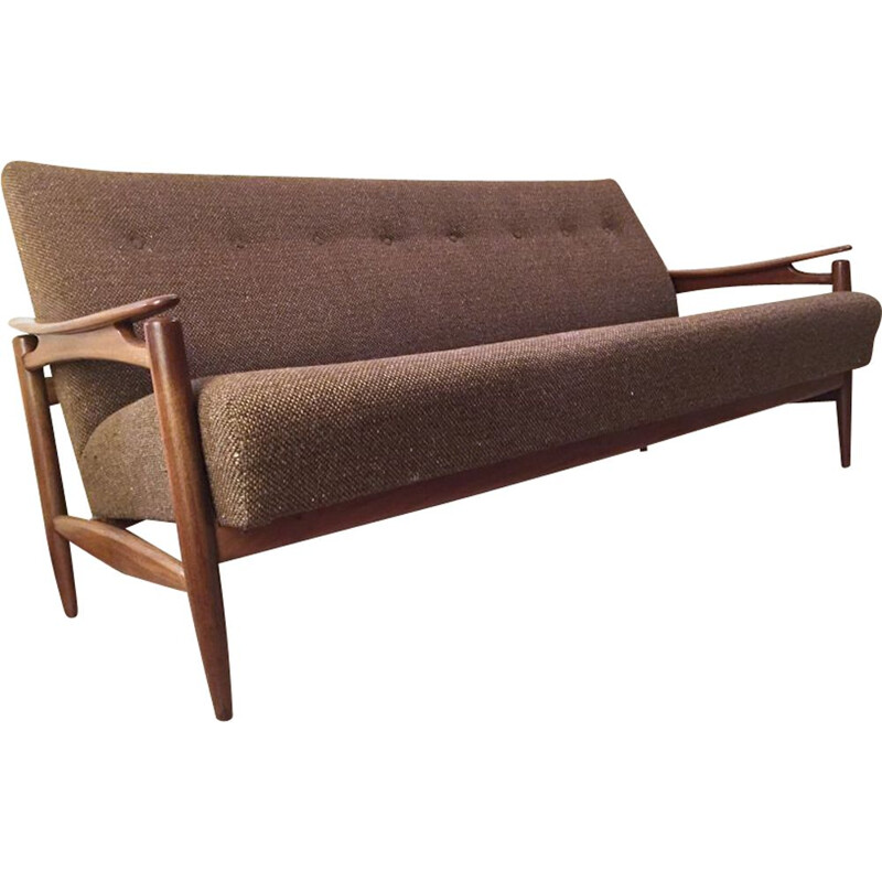 Vintage scandinavian sofa in teak and brown fabric 1960