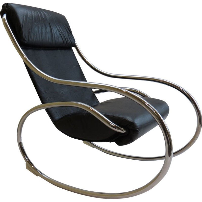 Chrome and Black Leather Rocking Chair by Heals 1970