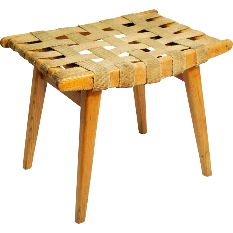 Tabouret Moderniste avec assise tressée, Allemagne 1960