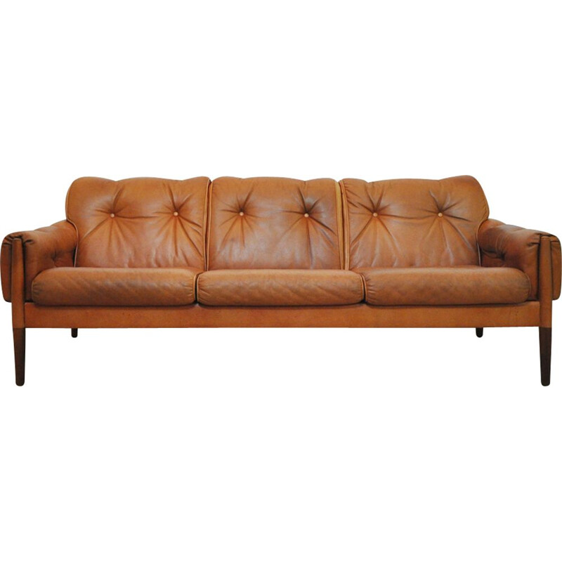 Scandinavian Cognac brown Leather and Rosewood 3 seater sofa