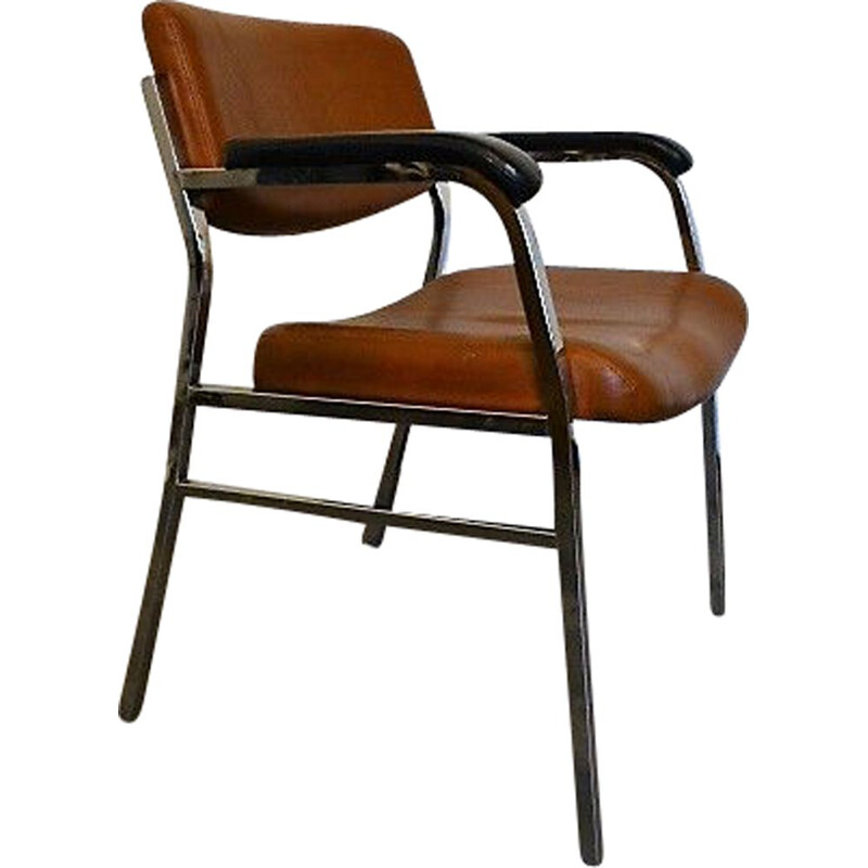 Vintage Brown leatherette and metal armchair 