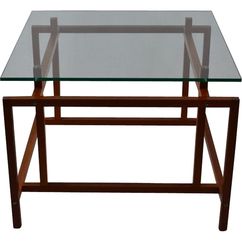 Table basse vintage en teck et plateau de verre