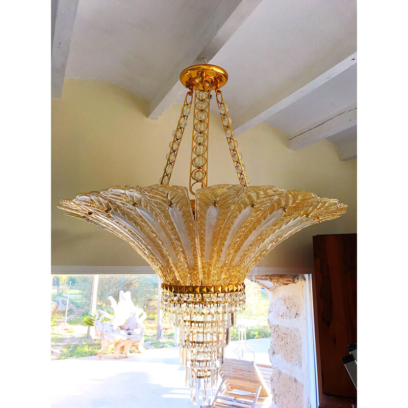 Large vintage chandelier glass Murano and 24ct gold plated