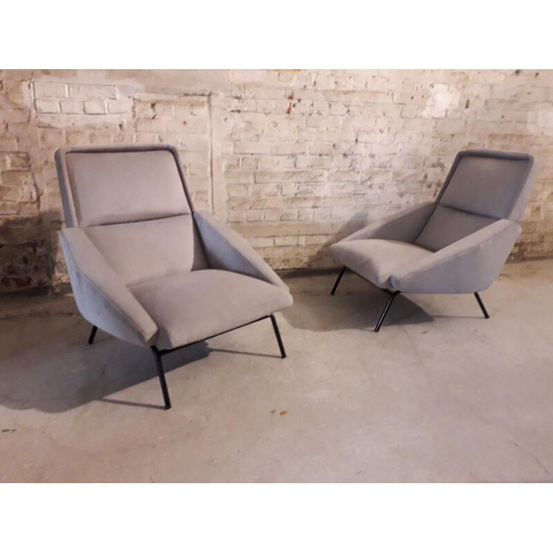 Pair of vintage grey chairs by Guermonprez, France 1950