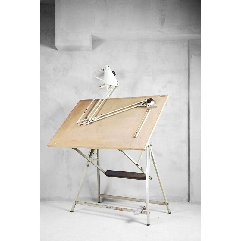 Vintage dutch drawing table for Valasske Mezirici in wood and metal 1950