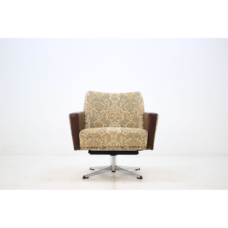 Vintage swivel armchair in leather and beige fabric 1970