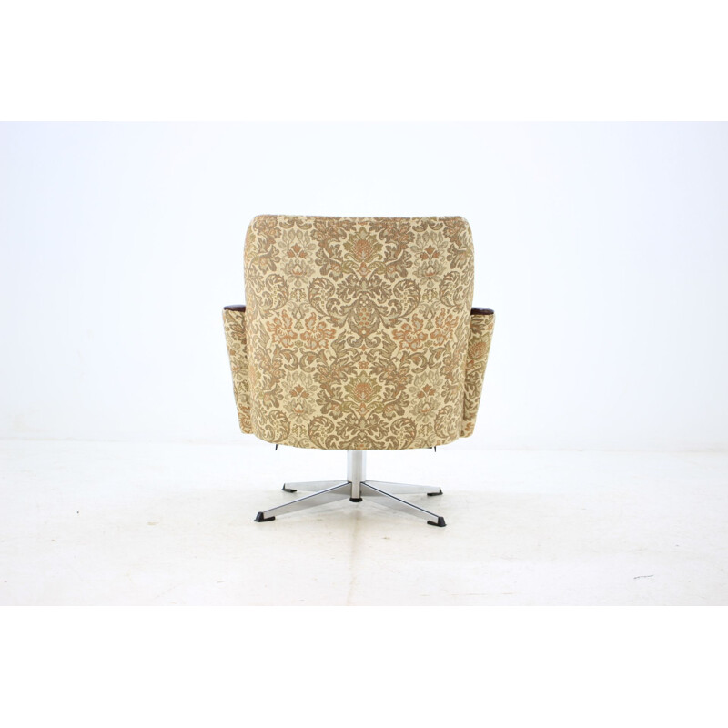 Vintage swivel armchair in leather and beige fabric 1970