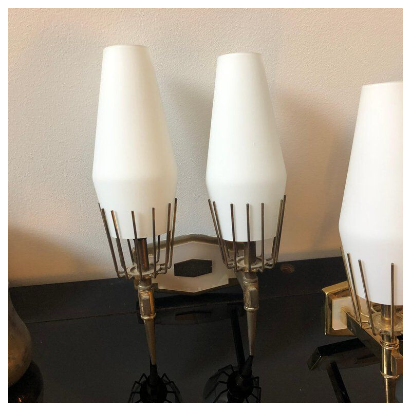 Set of 3 vintage italian brass and glass wall sconces 1950