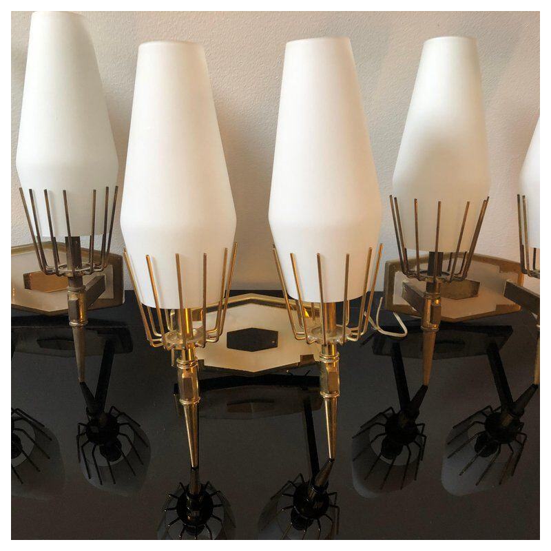 Set of 3 vintage italian brass and glass wall sconces 1950