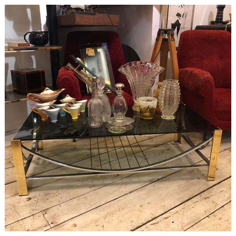 Vintage table in brass, steel and smoked metal, Italy 1970