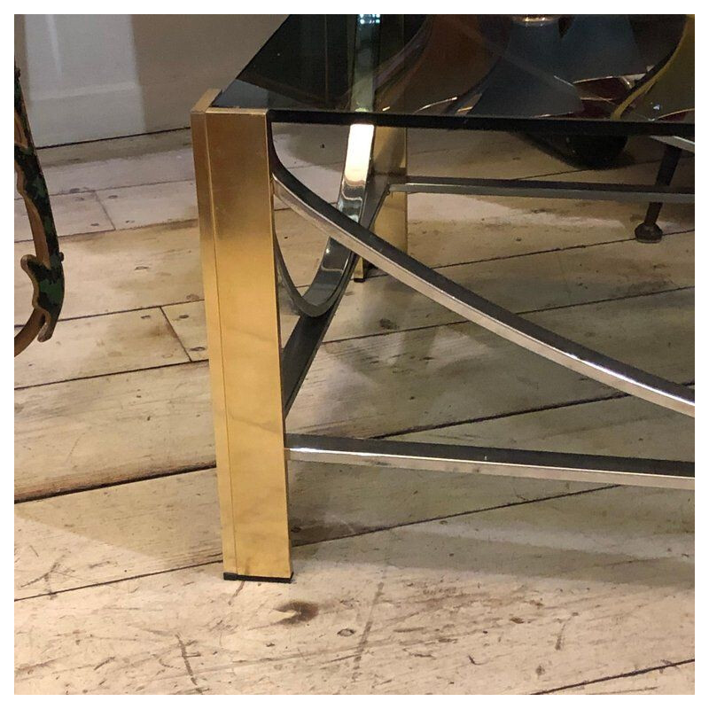 Vintage table in brass, steel and smoked metal, Italy 1970
