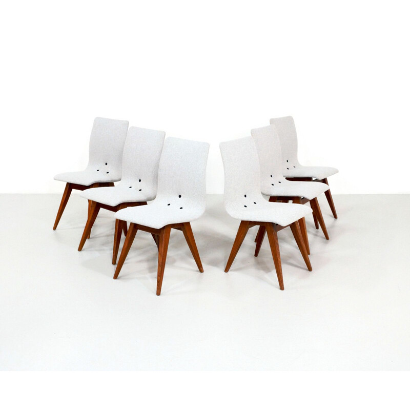 Set of 6 vintage Os chairs for Van Os in teak and gray fabric 1960