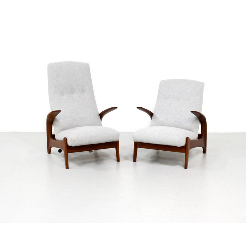 Pair of vintage armchairs for Gimson & Slater in teak and gray fabric