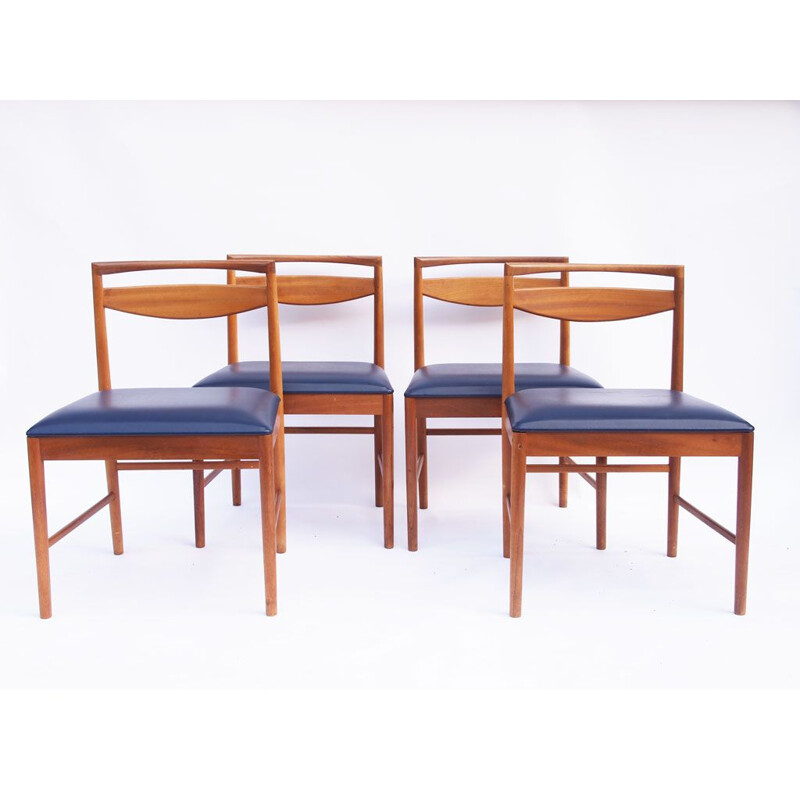 Ensemble de 4 chaises vintage en teck et skaï bleu 1960