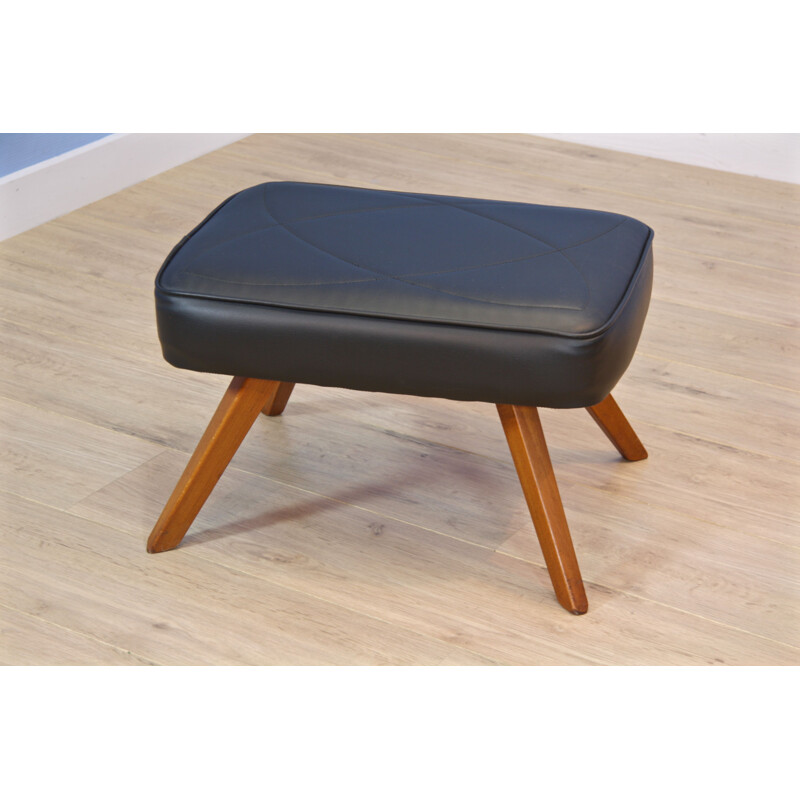 Danish ottoman in teak and black leatherette