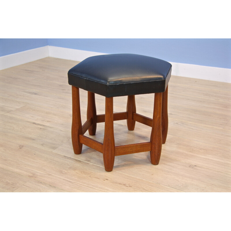 Vintage foostool in teak and black leatherette