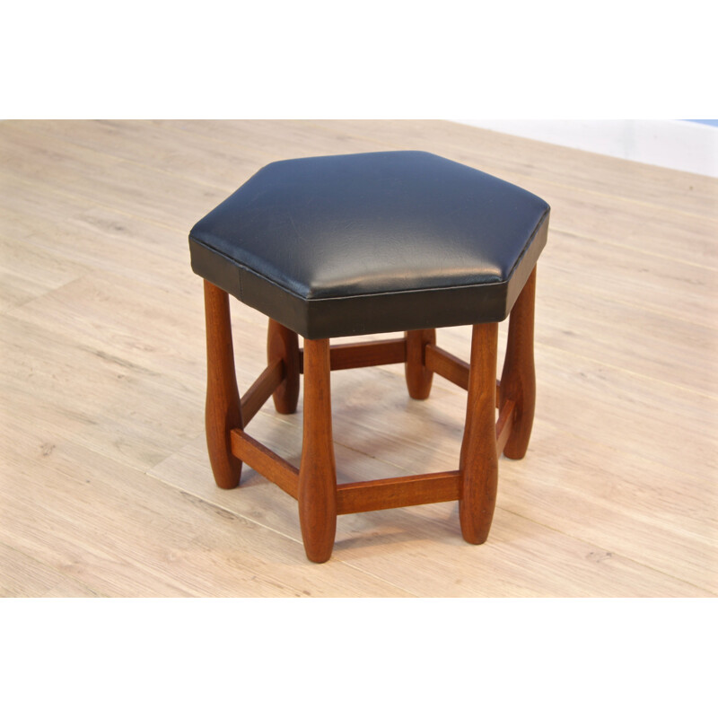 Vintage foostool in teak and black leatherette