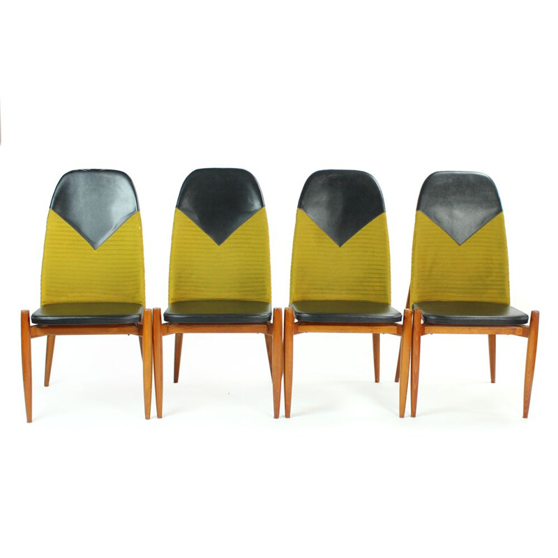 Ensemble de 4 chaises vintage en teck et tissu jaune 1970