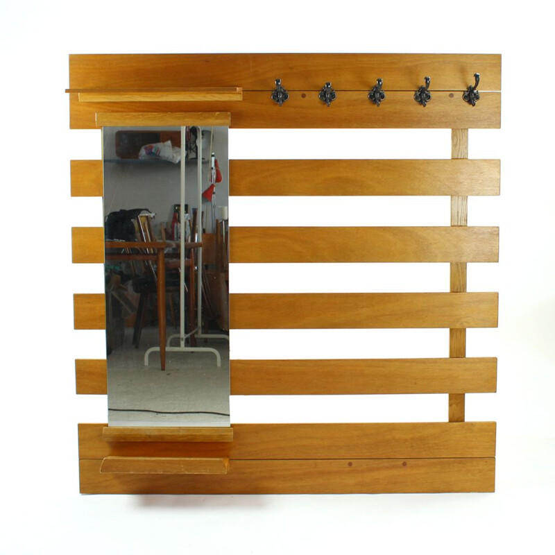 Vintage coat rack with mirror and shelves in wood and metal 1960