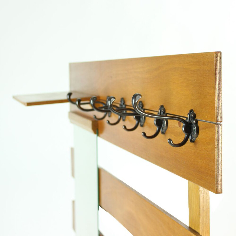 Vintage coat rack with mirror and shelves in wood and metal 1960