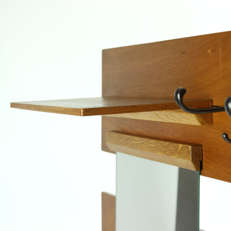 Vintage coat rack with mirror and shelves in wood and metal 1960