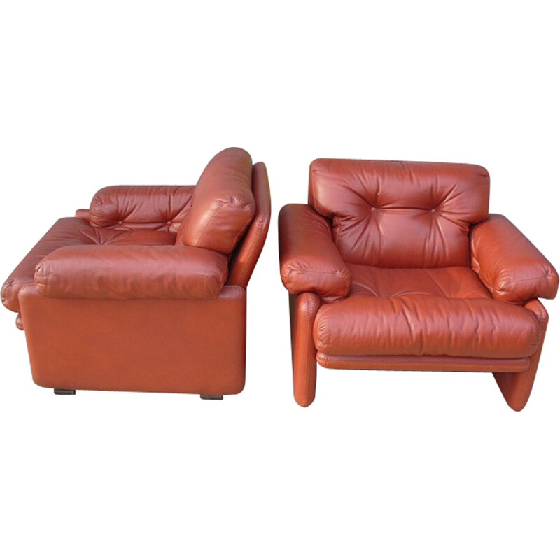Pair of brown leather armchairs, Afra & Tobia SCARPA - 1960s