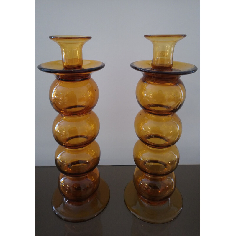 Pair of vintage Space Age candlesticks in amber glass 1970