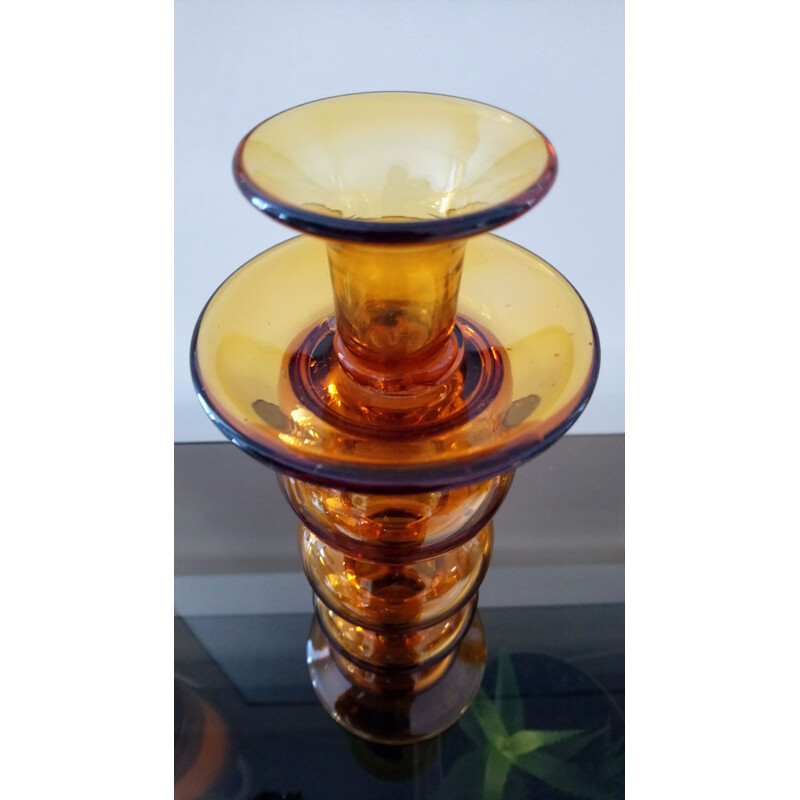 Pair of vintage Space Age candlesticks in amber glass 1970