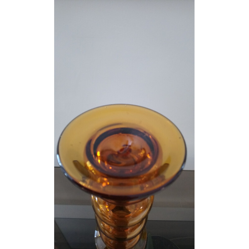 Pair of vintage Space Age candlesticks in amber glass 1970