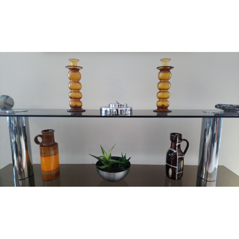 Pair of vintage Space Age candlesticks in amber glass 1970