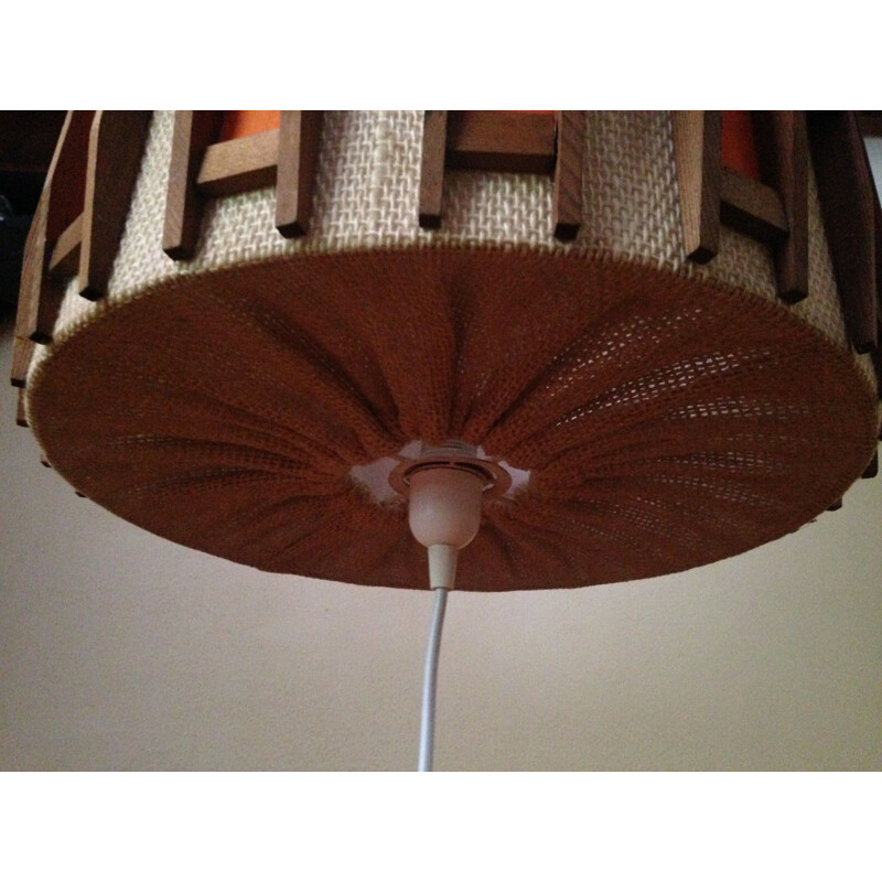 Vintage scandinavian beige teak hanging lamp 1960