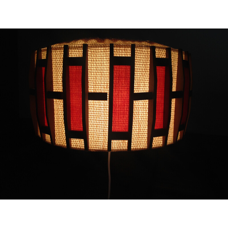 Vintage scandinavian beige teak hanging lamp 1960