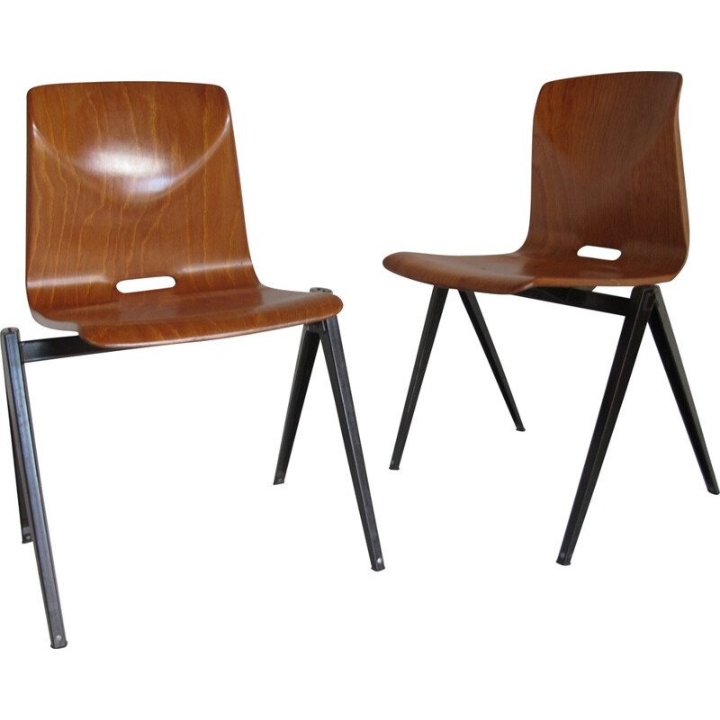 Set of 4 industrial chairs in wood and metal - 1960s