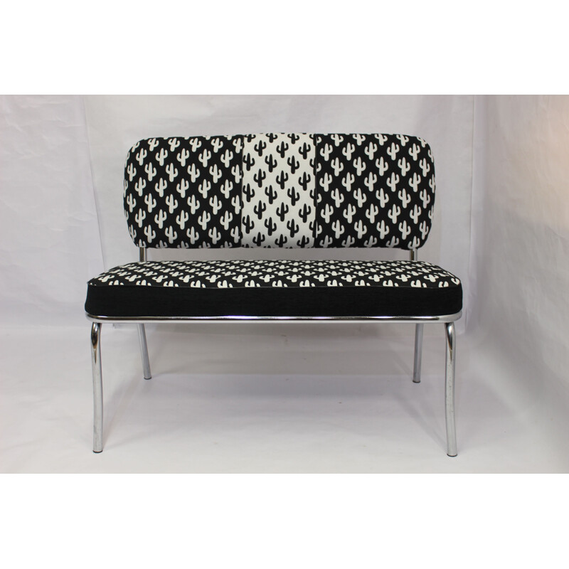 Vintage seat in steel and fabric black and white 1950