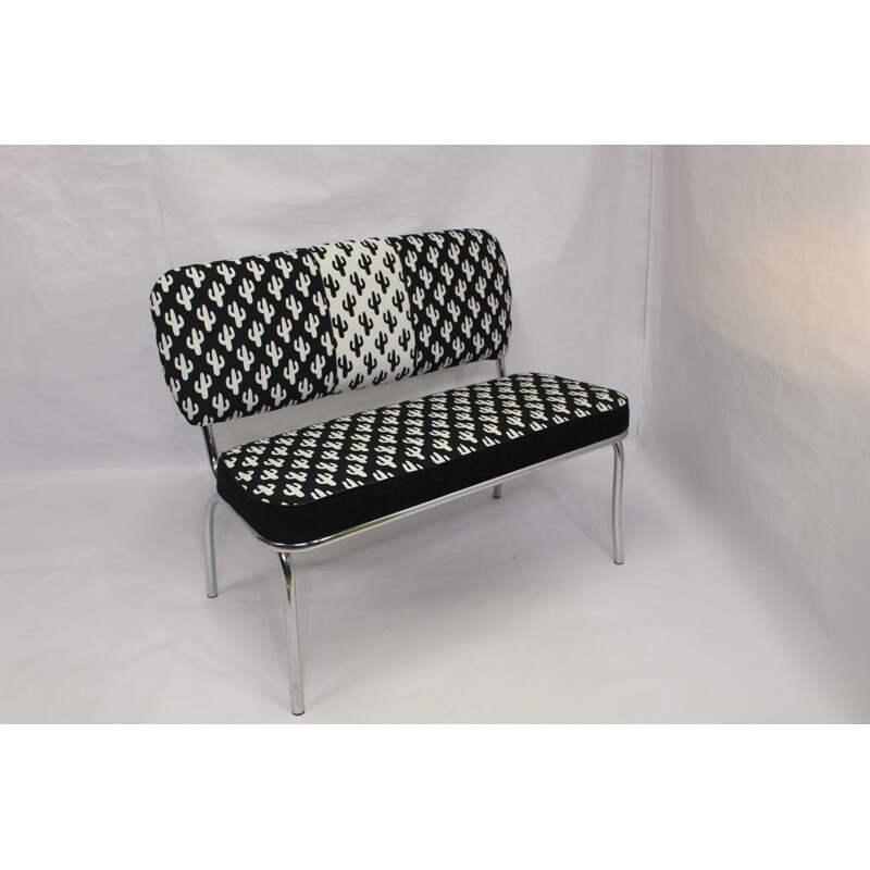 Vintage seat in steel and fabric black and white 1950