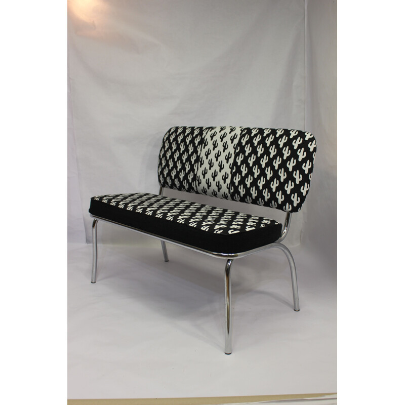 Vintage seat in steel and fabric black and white 1950