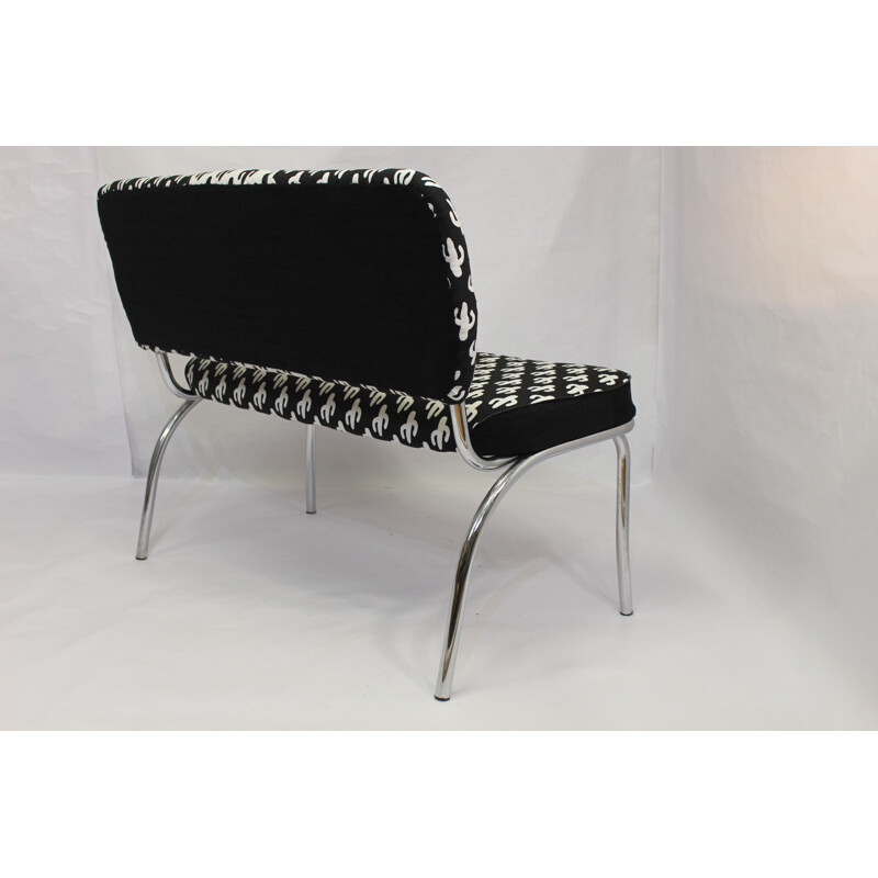 Banquette vintage en acier et tissu noir et blanc 1950