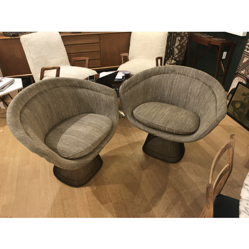 Pair of vintage armchairs by Warren Platner in gray cotton 1960