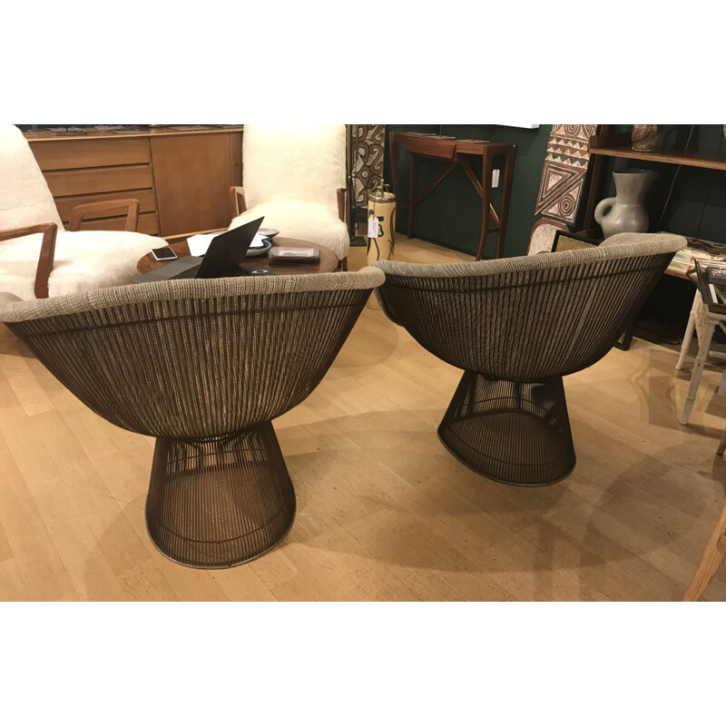 Pair of vintage armchairs by Warren Platner in gray cotton 1960