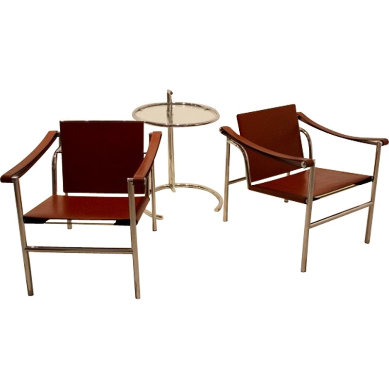 Set of LC1 armchairs and cognac leather and chrome steel, LE CORBUSIER, Charlotte PERRIAND & Pierre JEANNERET - 1970