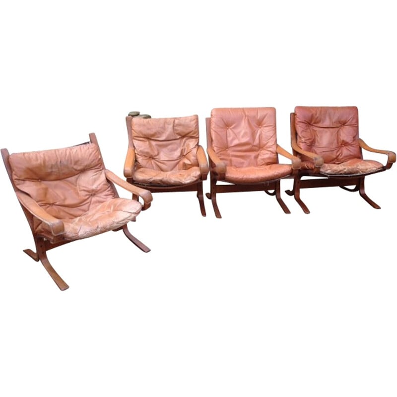 Suite de 4 fauteuils en cuir et bois, Ingmar RELLING - 1970
