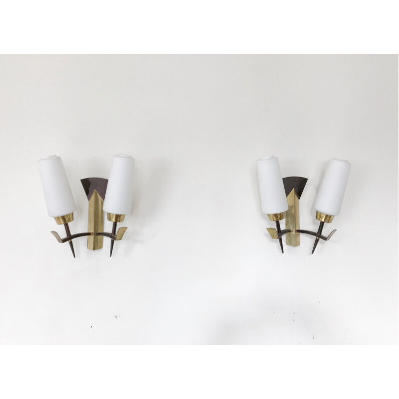 Pair of vintage french brass and opaline sconces 1950