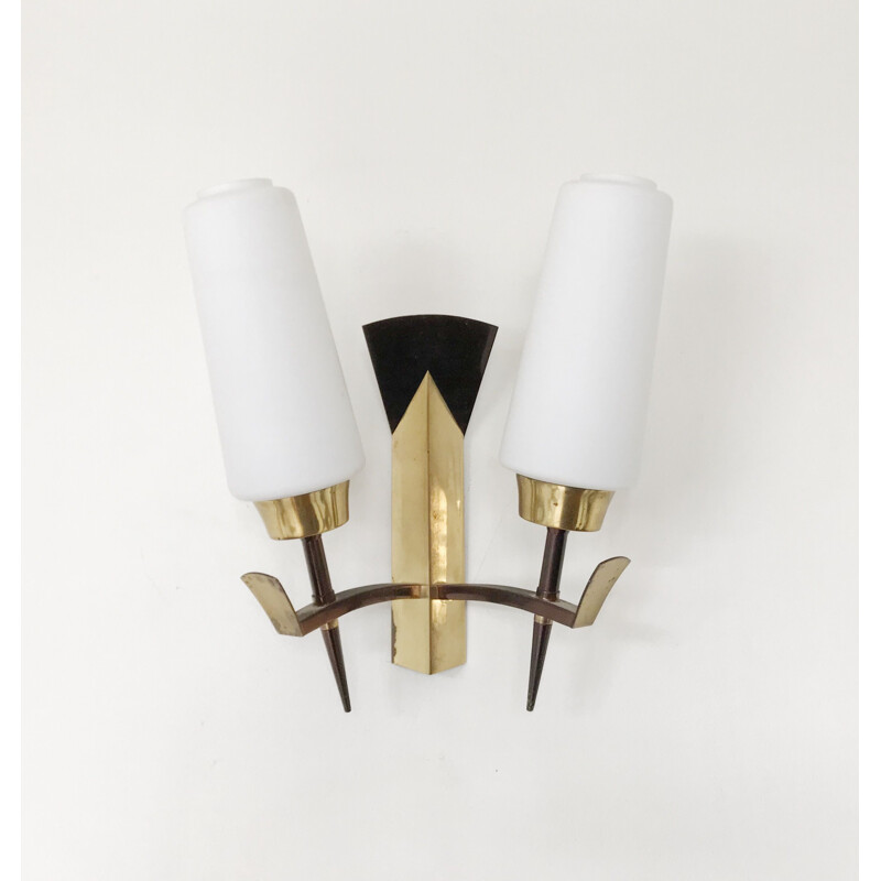 Pair of vintage french brass and opaline sconces 1950