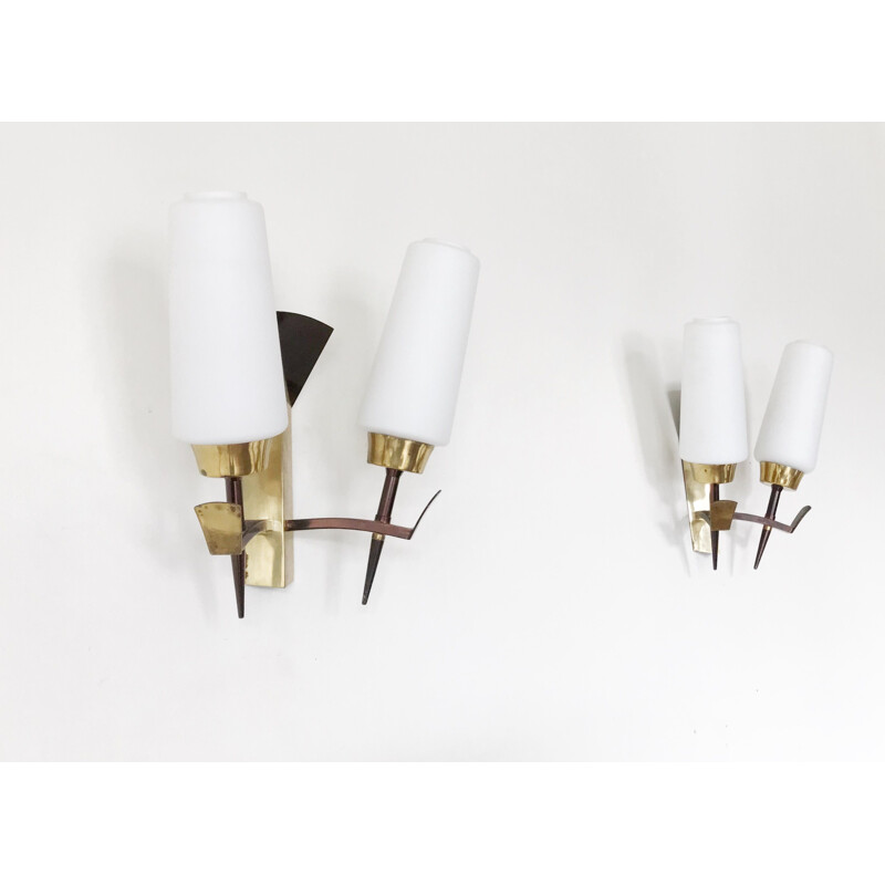 Pair of vintage french brass and opaline sconces 1950
