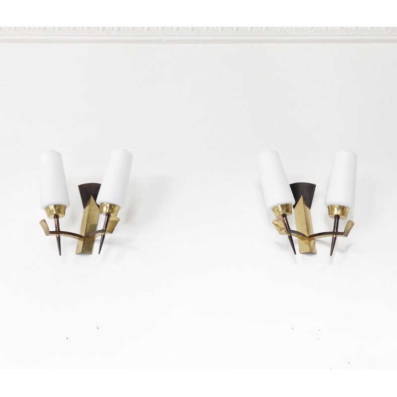 Pair of vintage french brass and opaline sconces 1950