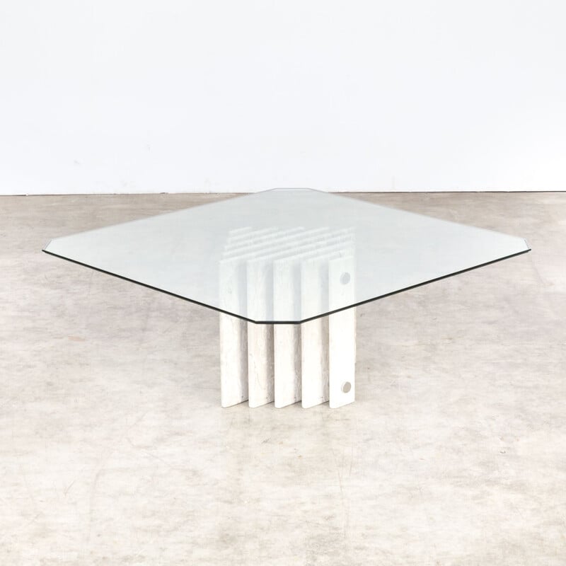 Table basse vintage en marbre avec dessus en verre 1980