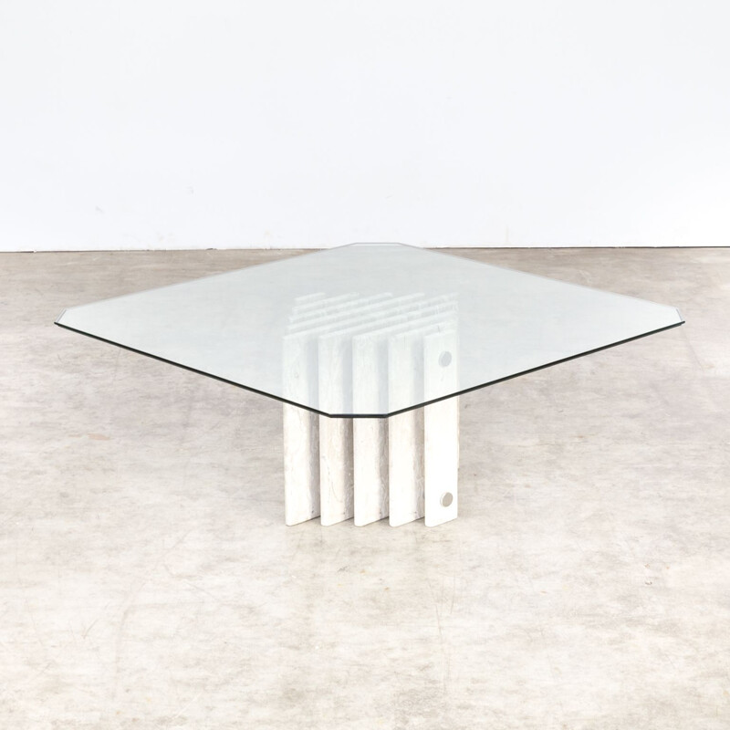 Vintage marble coffee table with glass top 1980