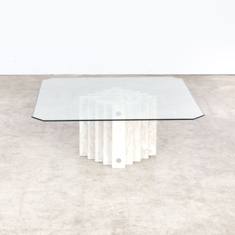 Table basse vintage en marbre avec dessus en verre 1980