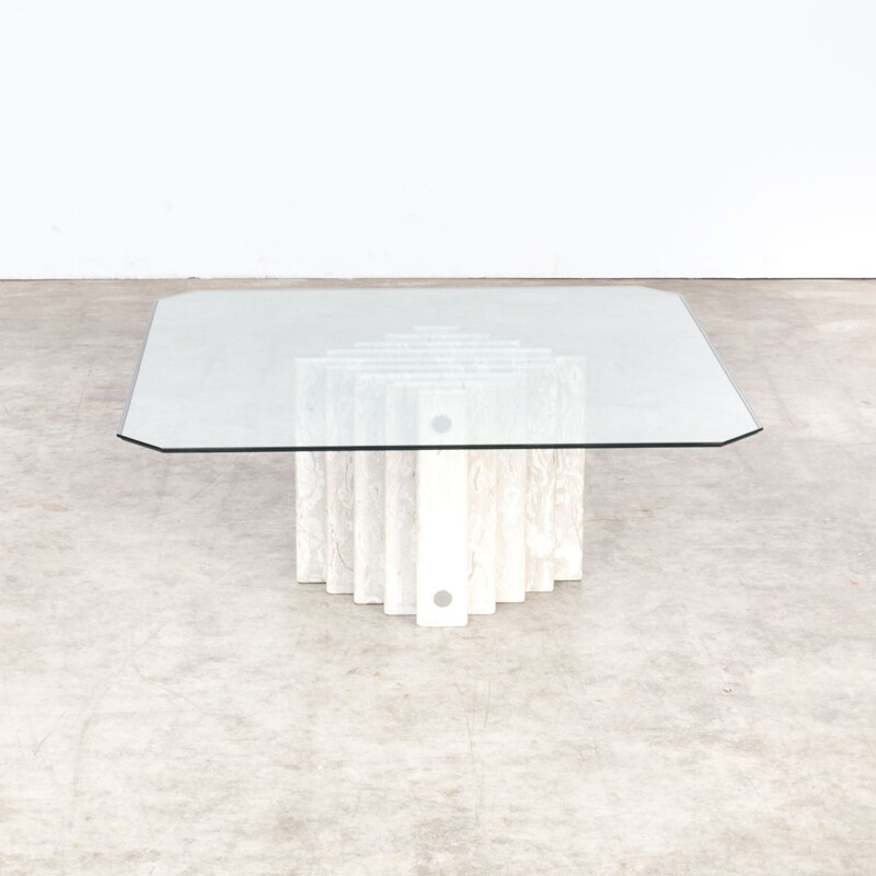 Vintage marble coffee table with glass top 1980