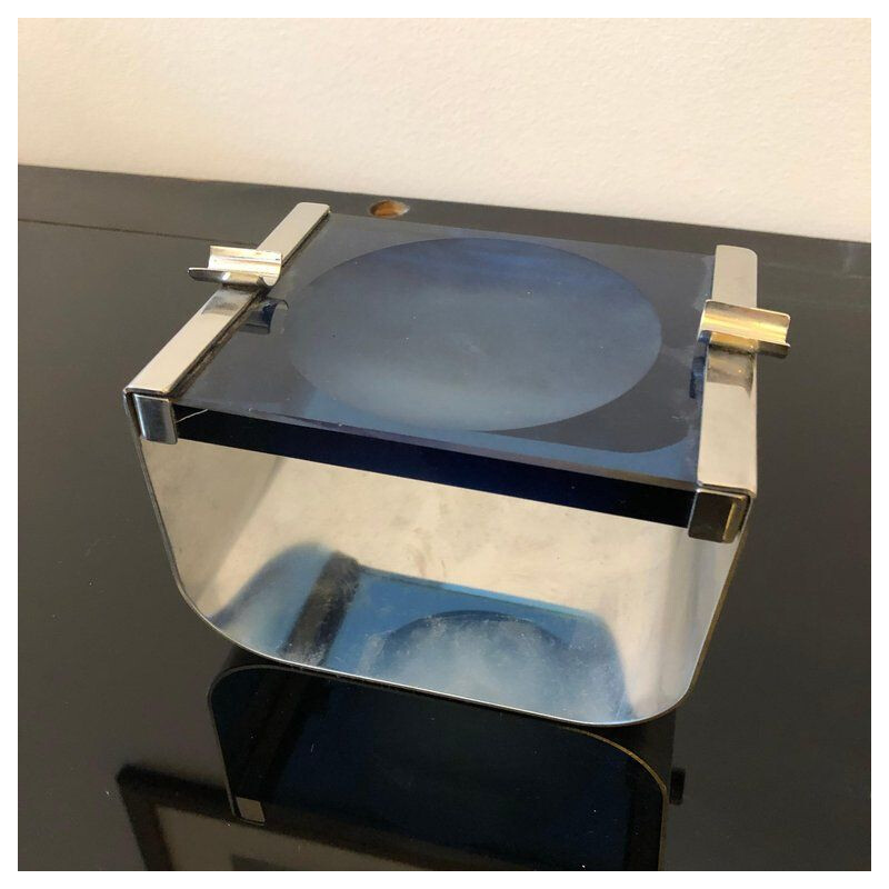 Vintage blue ashtray in Murano glass and steel 1970